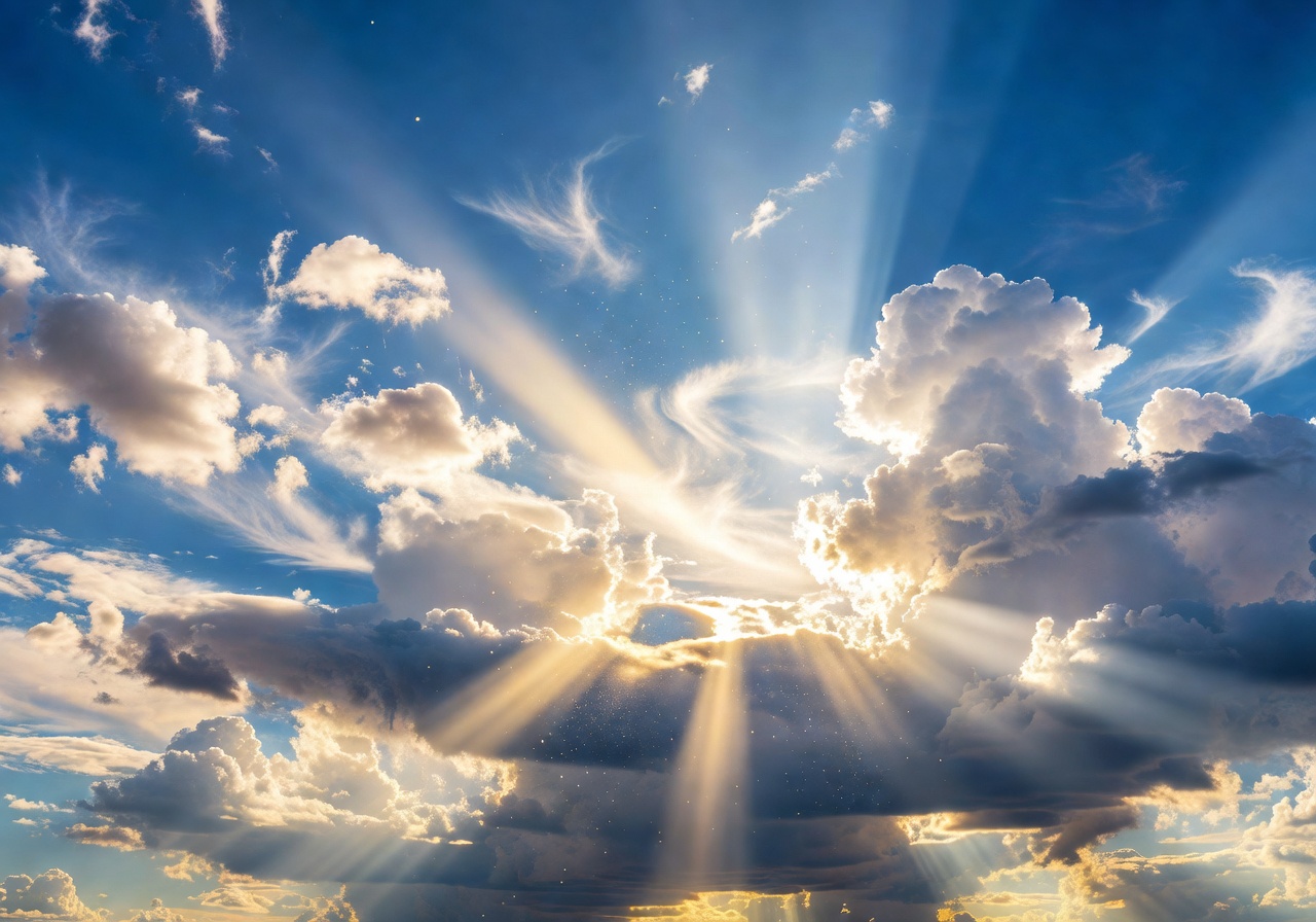 Blue sky with sunlight beams and clouds creating an energetic atmosphere